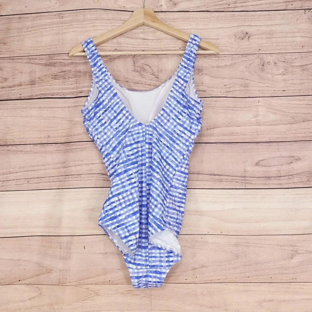 L.L.Bean‎ Swimsuit Womens 12 Long Blue Gingham One Piece UPF 50+ UV Tall